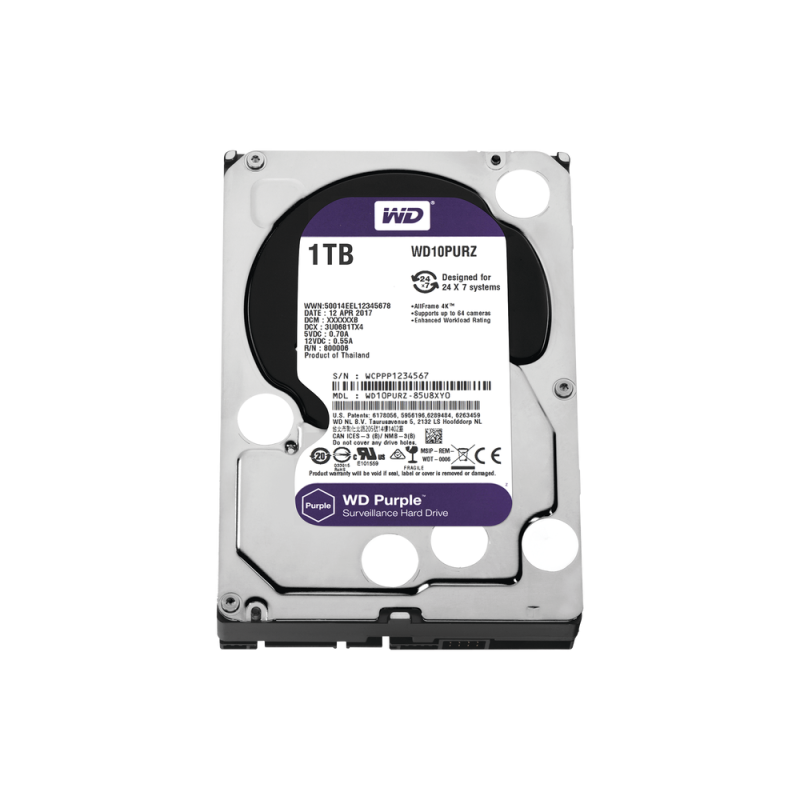 Disco duro interno WD Purple 3.5 1TB SATA3 6GB/s 64MB 24x7 para DVR y NVR de 1-8 bahías y 1-64 cámaras