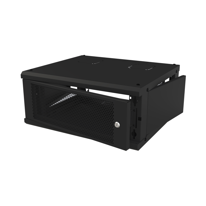 Gabinete de pared fijo, con 4 unidades de rack, de 19 in, fabricado en acero, puerta perforada.