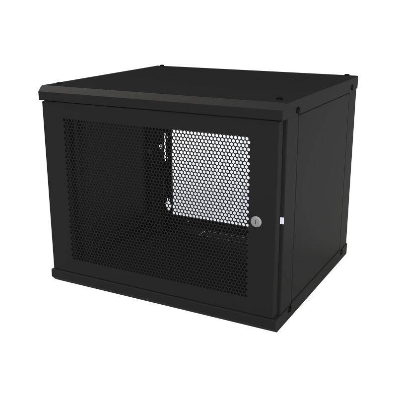 Gabinete de pared fijo, puerta perforada, con rack de 19in, 9 unidades