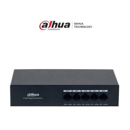 Switch con 4 puertos Gigabit PoE y 1 puerto RJ45 10/100/1000 Mbps. Ofr