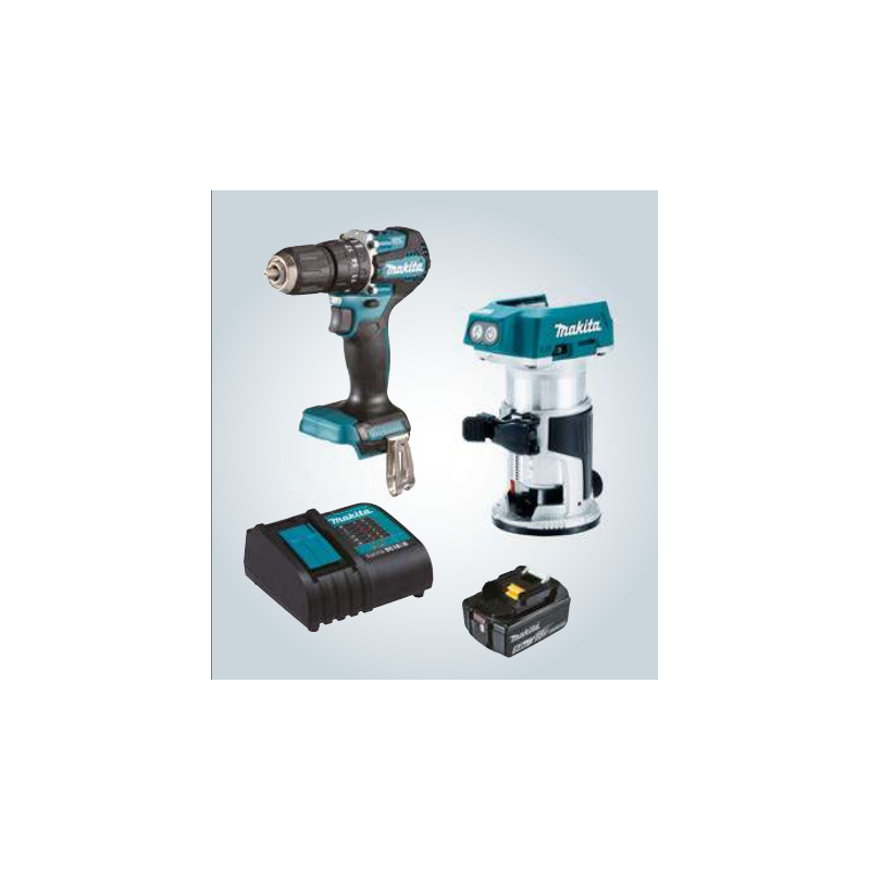 Kit DHP487 rotom. + DRT50 fresadora multifuncional, li-ion m, bl bat 5 ah y carg rápido dc18sd