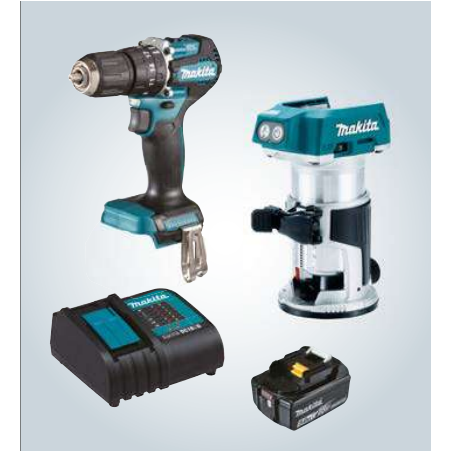 Kit DHP487 rotom. + DRT50 fresadora multifuncional, li-ion m, bl bat 5 ah y carg rápido dc18sd