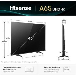 Televisor Hisense 43A65NV, 43 pulgadas, LED 4K UHD, 3840 x 2160 Pixeles, VIDAA SMART TV