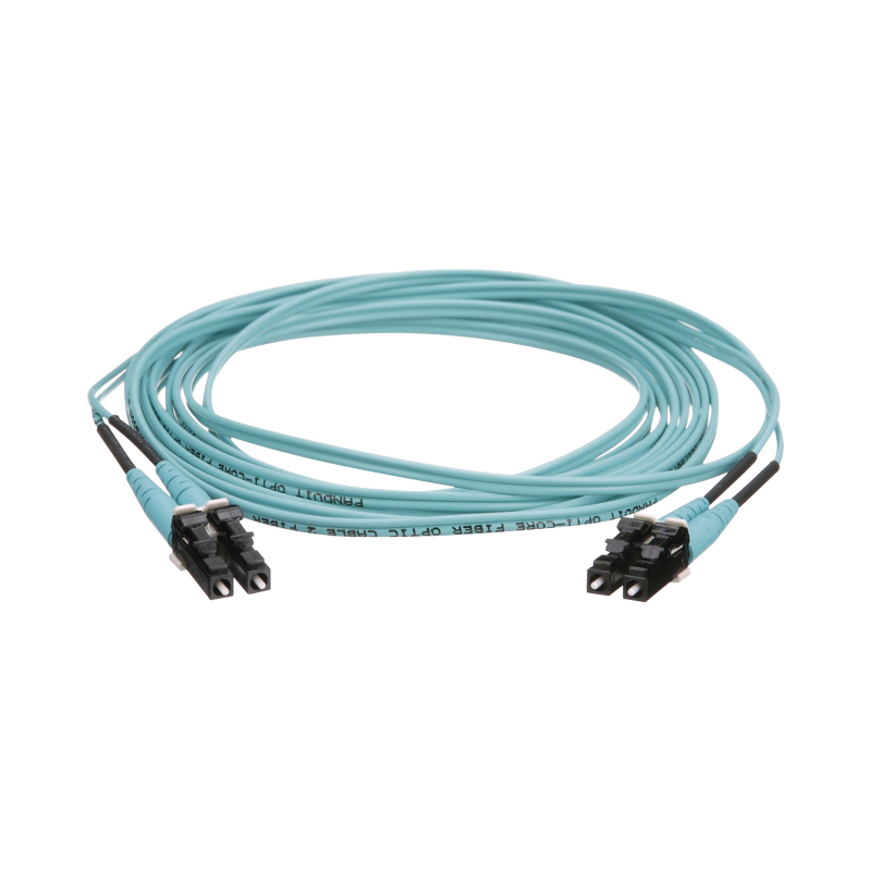 Jumper de fibra óptica multimodo 50/125 om4, LC-LC dúplex, ofnr (riser), color aqua, 5 metros
