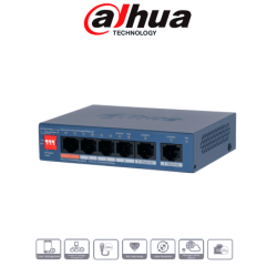 Switch PoE de 6 Puertos Administrable, 4 Puertos PoE Downlink 10 & 100, 2 Puertos Uplink GE, 60 Watts Totales, Administrable en