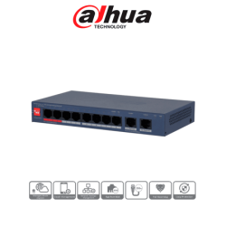 Switch PoE de 10 Puertos, 8 Puertos PoE 10 & 100, 2 Puertos Uplink GE, 2 Puertos PoE con Suministro de Hasta 90W, 110 Watts Tota