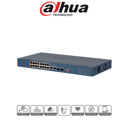 Switch PoE Administrable de 18 Puertos, 16 Puertos PoE, 240 Watts Totales, Interfaz Web, Puerto 1 y 2 Soportan 90 Watts, 2 Puert