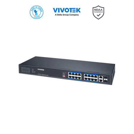 Switch PoE no administrable con 16 puertos PoE FE RJ45, 2 puertos Combo GE RJ45/SFP, 30W por puerto, 250W totales, Modo Extendid