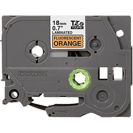 Cinta Laminada Brother Estandar Texto negro sobre cinta naranja fluorescente de 18mm x 5m
