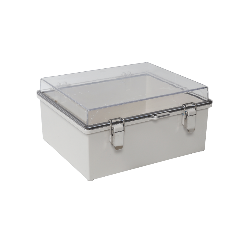 Gabinete plástico ABS, puerta transparente, uso en intemperie (300 x 300 x 180 mm) cierre por broches inoxidables.