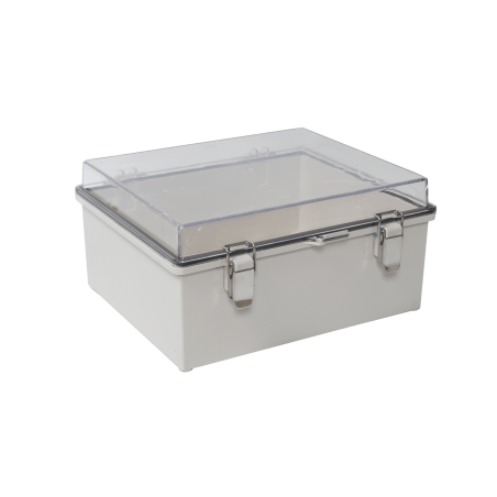 Gabinete plástico ABS, puerta transparente, uso en intemperie (300 x 300 x 180 mm) cierre por broches inoxidables.