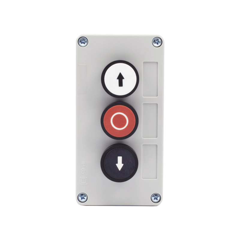 Botonera triple para barreras vehiculares, operadores corredizos y abatibles.