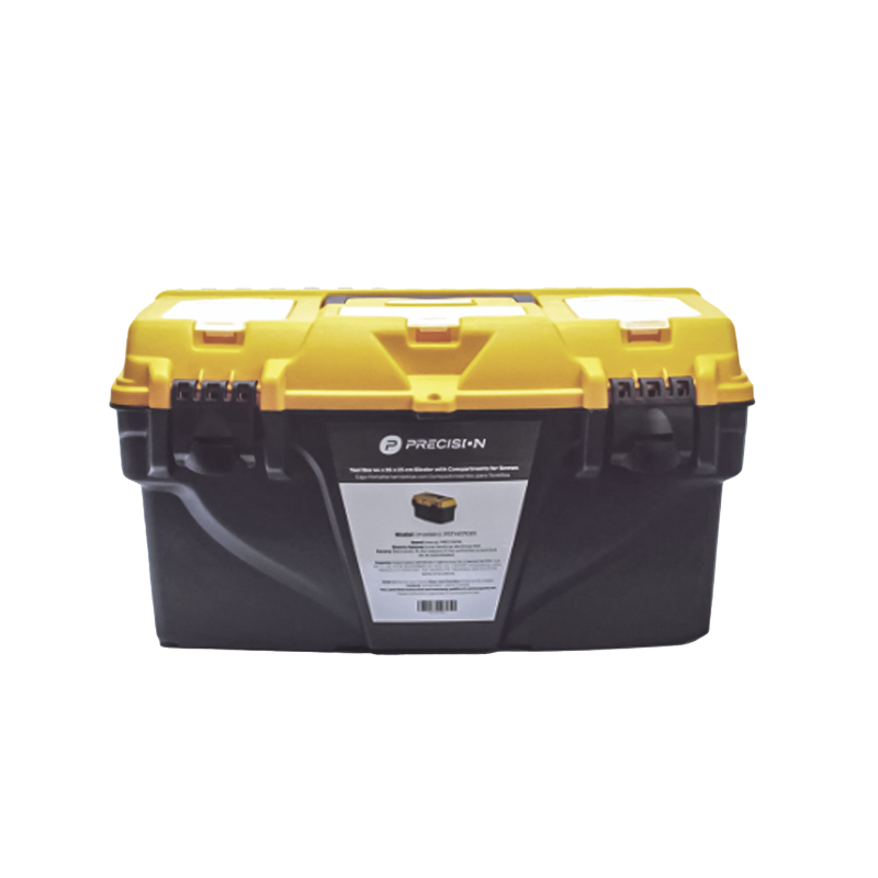 Caja porta herramientas 44X26X23 cm bicolor con compartimientos para tornillos.