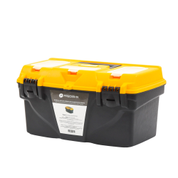 Caja porta herramientas 44X26X23 cm bicolor con compartimientos para tornillos.