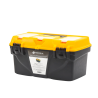 Caja porta herramientas 44X26X23 cm bicolor con compartimientos para tornillos.