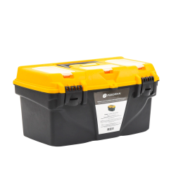 Caja porta herramientas 44X26X23 cm bicolor con compartimientos para tornillos.