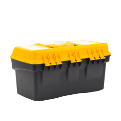 Caja porta herramientas 44X26X23 cm bicolor con compartimientos para tornillos.