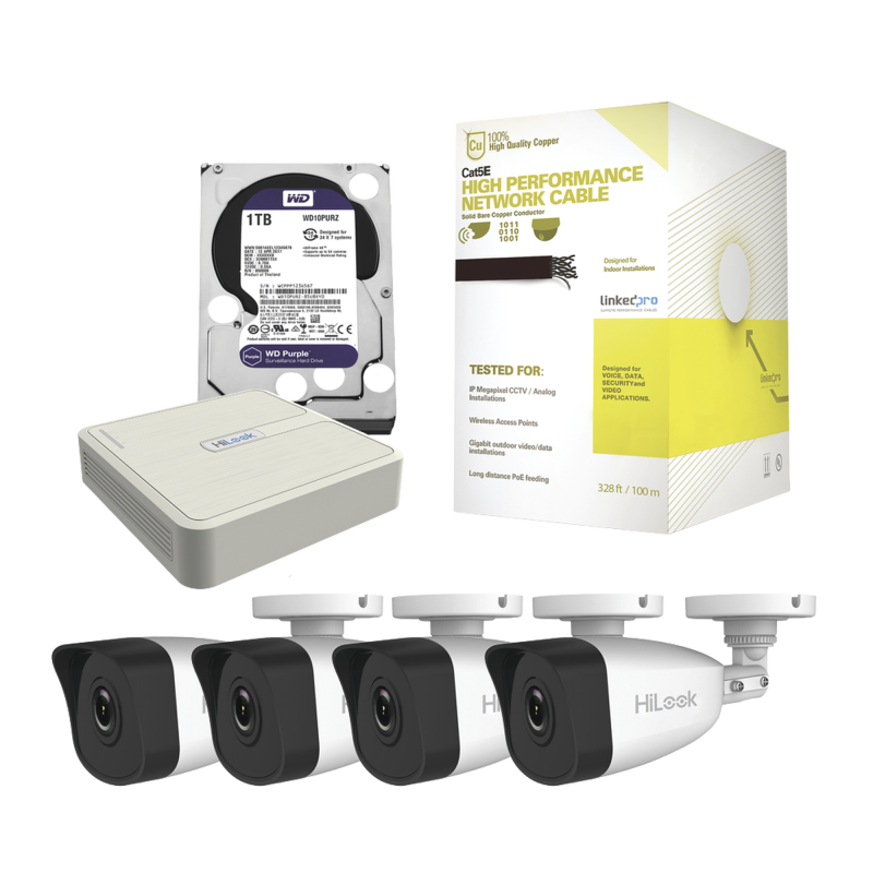 Kit IP de 4 canales de 1 megapixel, NVR de 4 canales + 4 cámaras IP + bobina de cable de 100 mts + disco duro 1 tb