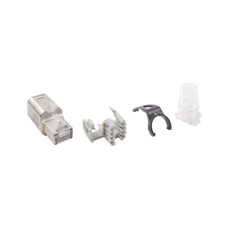 Plug RJ45 cat6a blindado, para terminación en campo, con clip protector de pestillo