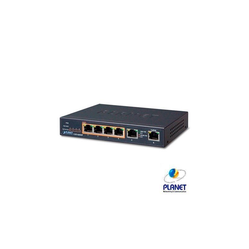 Switch no administrable 4 puertos 10/100/1000t 802.3at PoE + 2 puertos 10/100/1000t de uplink para escritorio