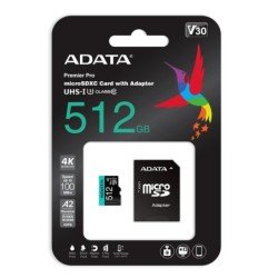 Micro Secure Digital A2 (V30) Adata Premier Pro - 512 GB, 100 MB/s, 85 MB/s, Negro/Verde, Clase 10
