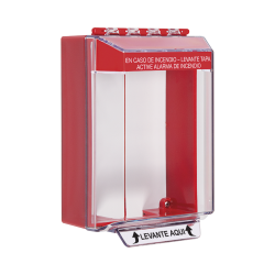 Cubierta universal transparente, de bajo perfil, con espaciador, texto de incendio en español, notificación audible y visible