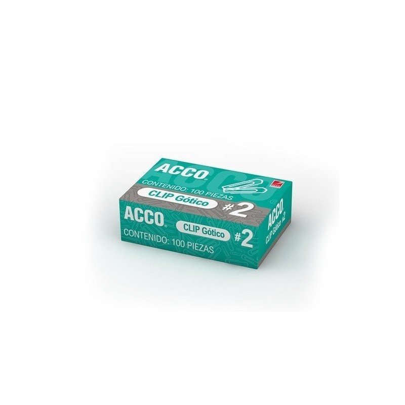 Clip gótico No.2, Acco, capacidad para 20 y 25 hojas, Caja con 100 clips, de Acero electrolítico, doblez corredizo.