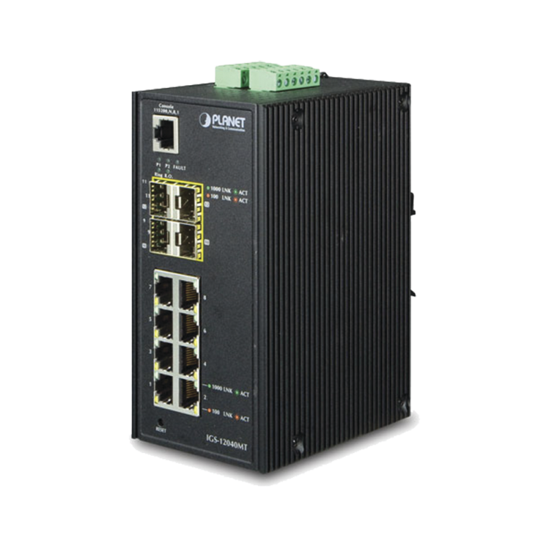 Switch Industrial Administrable de 8-Puertos 10/100/1000T + 4-Puertos 100/1000X SFP Switch Industrial Administrable de 8-Puertos 10/100/1000T + 4-Puertos 100/1000X SFP