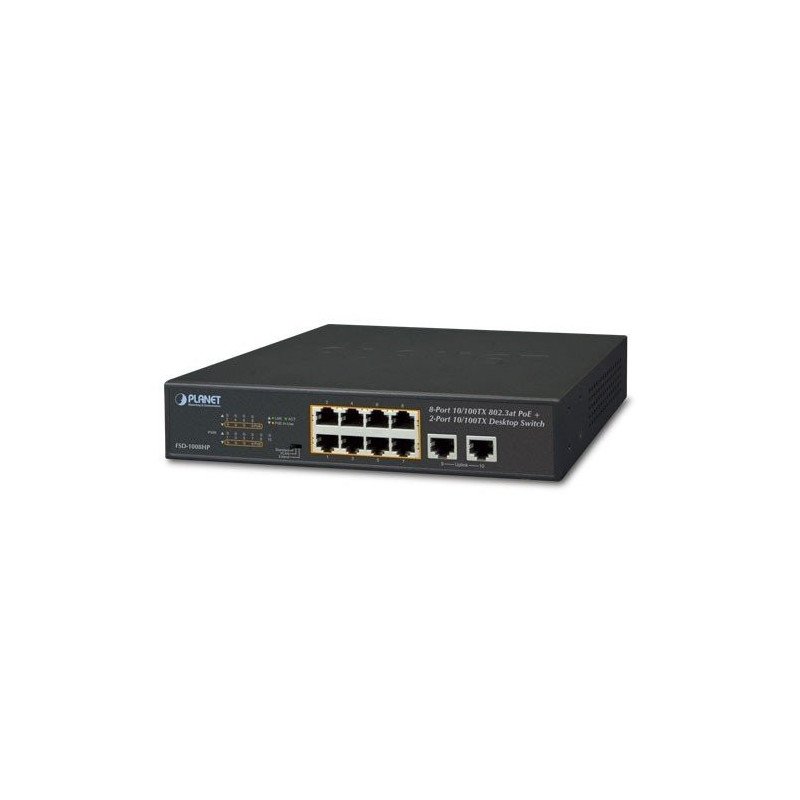 Switch no administrable 8 puertos con PoE 802.3at, 2 puertos uplink fast ethernet