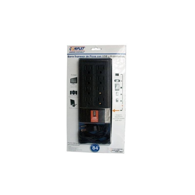 Supresor de picos Complet con 8 contactos, cargador USB, 84 joul, 5 años de garantía