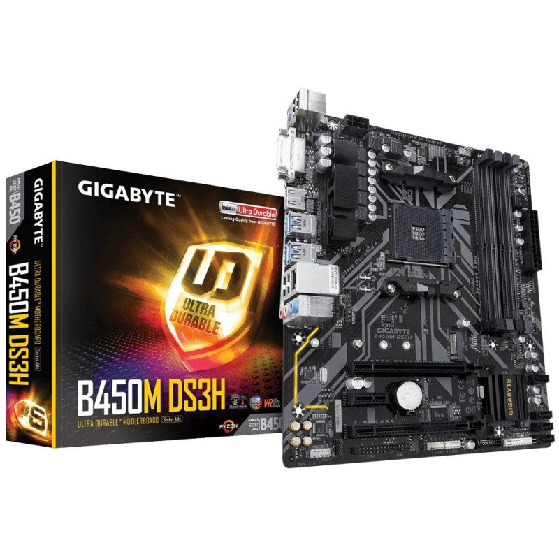 Tarjeta madre Gigabyte B450m DS3h AMD 2a generación S-AM4 Ryzen, 4xDDR4 2933MHz, 4xUSB3.1, HDMI, DVI, micro ATX, PC