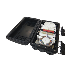 Caja de distribución de fibra óptica, hasta 96 empalmes, exterior IP65, color negro