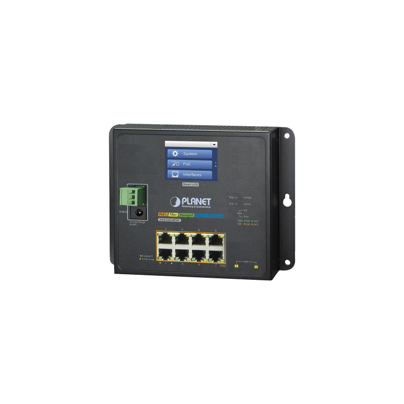 Switch industrial flat-type 8 puertos gigabit con PoE 802.3at, 2 puertos SFP, LCD Switch industrial flat-type 8 puertos gigabit con PoE 802.3at, 2 puertos SFP, LCD