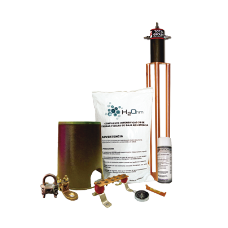 Kit de tierra física con electrodo TG100AB y accesorios de instalación.