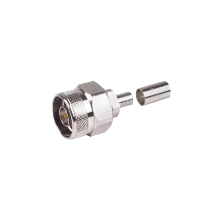 Conector N macho hex, de anillo plegable y pin cautivo para cables RG-8/x, LMR-240, ni/au/teflón.