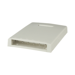 Caja de montaje en superficie, con accesorio para resguardo de fibra óptica, para 6 módulos mini-com, color blanco mate