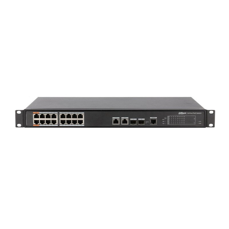 Switch PoE Dahua fast ethernet, administrable capa 2, 16 puertos PoE, 802.3af/at/hi PoE/2 puertos ge, 240watts, switching 8.8g