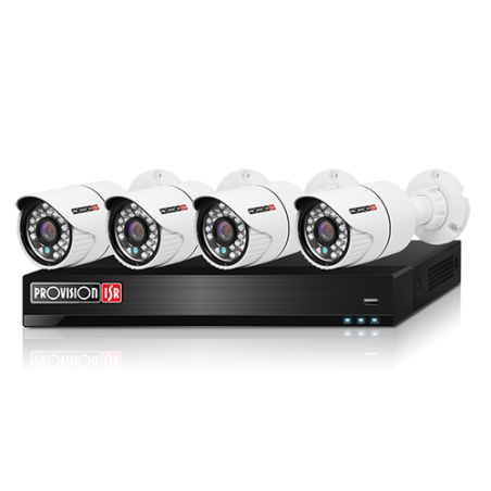 Kit Provision-ISR dar 4 ch + 1 ch IP, 4 cámaras bala 2 mp AHD eco, IR 20 mts, 4 cables 20 mts coaxial siamés