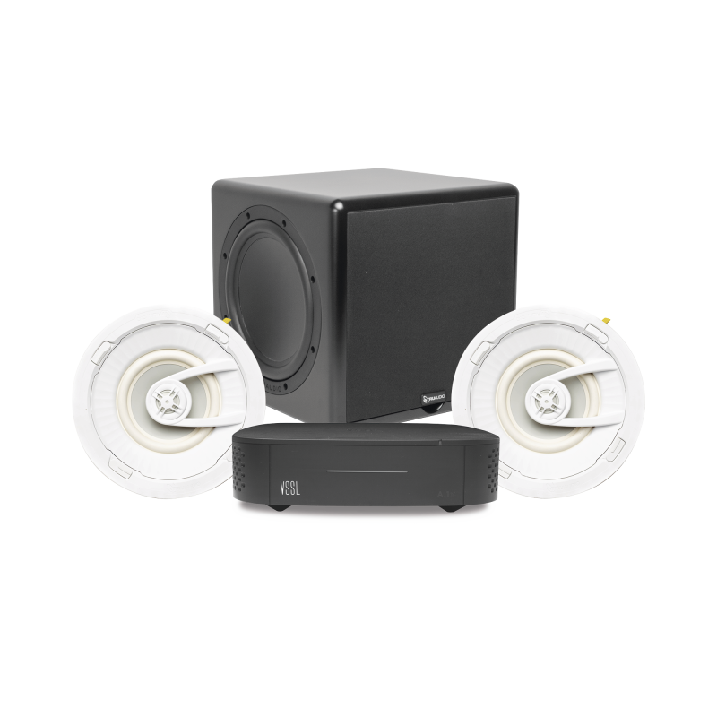 Kit amplificador vssl a1x, 2 bocinas de techo truaudio g72, subwoofer 