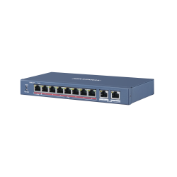 Switch PoE+, 7 Puertos 100 Mbps 802.3 af/at (30 W) + 1 Puerto 100 Mbps HiPoE (60 W), 2 Puertos Uplink Gigabit, 250 Metros PoE La