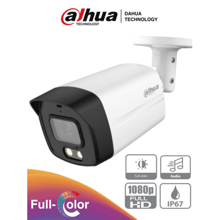 Cámara bullet full color 1080p, lente de 2.8 mm, 106 grados de apertura, micrófono integrado, luz blanca de 20 m, DWDR, starligh