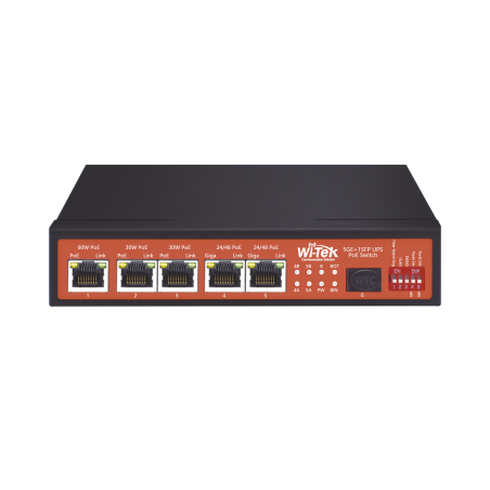 Switch no administrable 5 puertos PoE gigabit, 1 SFP, alimentación DC