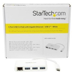 Concentrador USB StarTech.com HB30C3A1GEA - Ethernet, 1000 Mbit/s, USB, Color blanco, 3 puertos