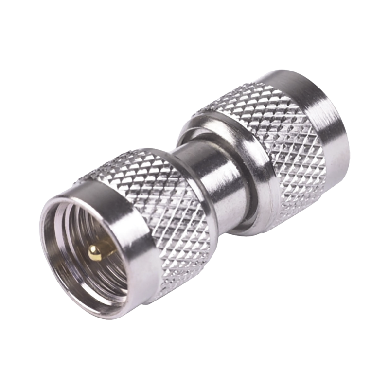 Adaptador barril mini-UHF machos, níquel, oro teflón.