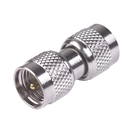 Adaptador barril mini-UHF machos, níquel, oro teflón.