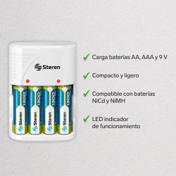Cargador Steren para AA, AAA, 9V