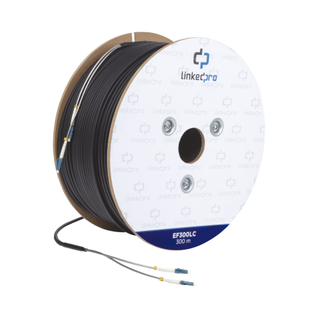Carrete de Fibra Óptica Monomodo con conectores LC-LC Dúplex, Reforzada con Kevlar, de 300 metros