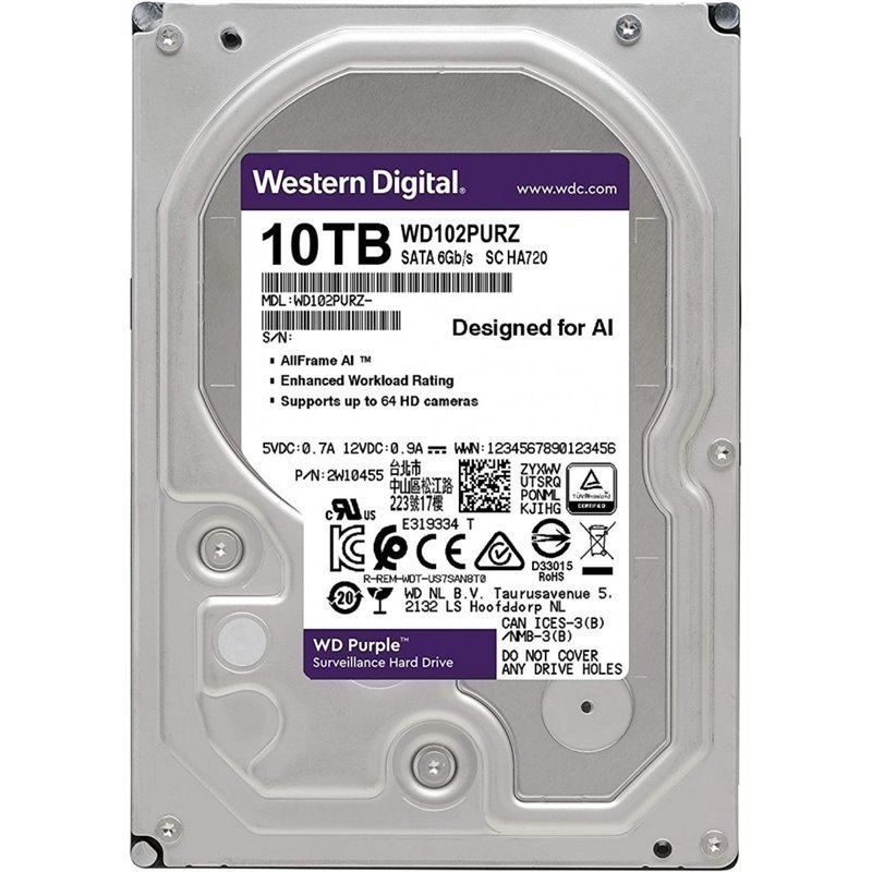 Disco duro interno WD purple 3.5 10TB SATA3 6GB/s 256mb 24X7 para DVR y NVR de 1-16 bahías y 1-64 cámaras