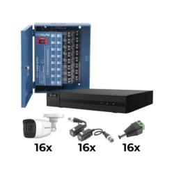 Kit TurboHD 1080p, DVR 16 canales, 16 cámaras bala policarbonato con micrófono (exterior 2.8 mm), transceptores, conectores, fue