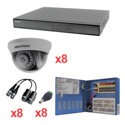 Sistema Hikvision TurboHD 1080p, DVR 8 canales, 8 cámaras domo (interior 2.8 mm), transceptores, conectores, fuente de poder pr